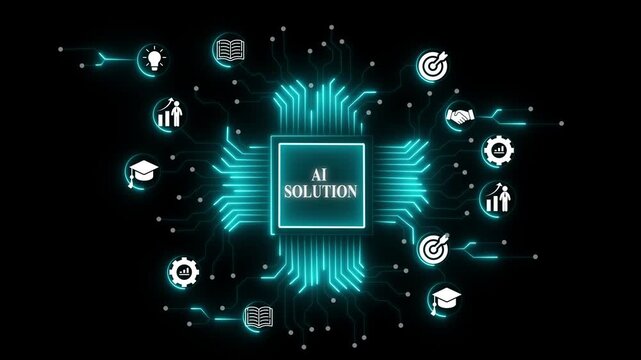 Artificial intelligence education concept featuring open book with glowing brain lightbulb hologram and digital learning icons. glowing circuit cubes representing microchips..