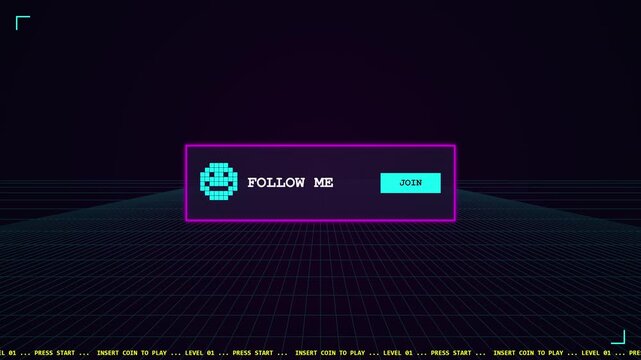 Retro Digital Follow Me Button Animation with Glitch Effects and Pixel Art Icons.