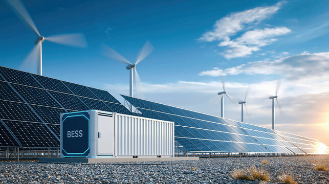 Solar battery energy storage system BESS container with solar panel array and wind turbine farm sunrise, sustainable clean power generation