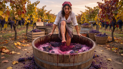 Obraz premium Female winemaker crushing red grapes by foot in wooden vat. Traditional viticulture and wine production during autumn harvest in rural vineyard.