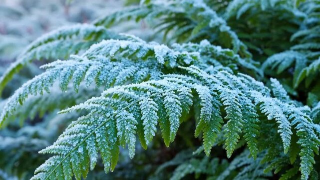 Frost-covered fern fronds glistening in soft morning light with delicate ice crystals on vibrant green leaves