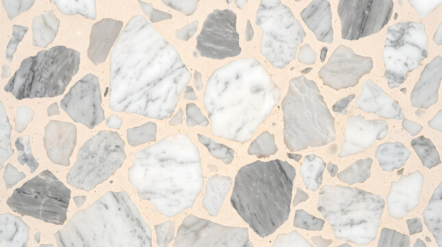 Terrazzo stone marble texture background pattern. Beige and grey rocks. Abstract material design element. Seamless tile natural surface.