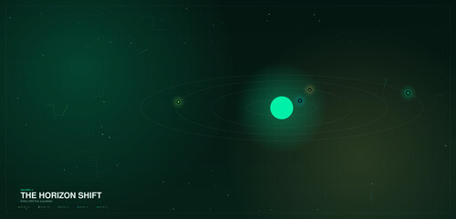 Futuristic space galaxy background, deep green cosmic nebula with glowing planets, cinematic sci-fi horizon shift vector illustration © Vectors Collection