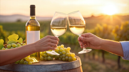 Obraz premium Couple clinking white wine glasses over wooden barrel in vineyard at sunset. Romantic celebration at winery during harvest season.
