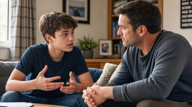 Teenage son talking to father while sitting on sofa in living room. Serious conversation between parent and child at home.