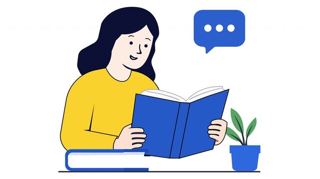 Flat vector illustration of a young woman reading a book with a chat speech bubble icon