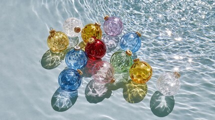 Obraz premium Colorful glass baubles arranged on water with sunlight reflections, showcasing a minimalist and festive holiday layout.