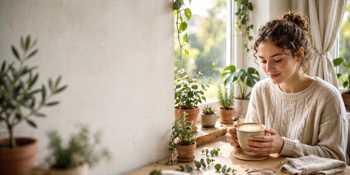 International Coffee Day Woman Holding Coffee Cup Near Window Plants