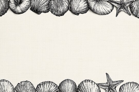 Vintage ink sketch seashell and starfish frame with top and bottom borders on textured paper