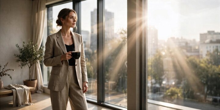 International Coffee Day Businesswoman Holding Coffee by Office Window at Sunrise