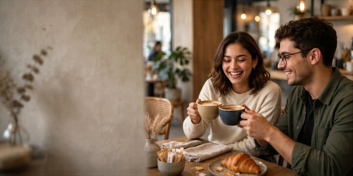 International Coffee Day Couple Drinking Coffee and Laughing in Cafe