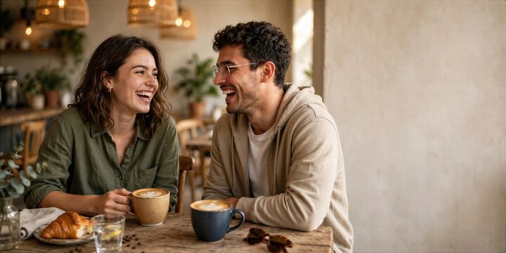 International Coffee Day Couple Laughing with Coffee Cups in Cozy Cafe