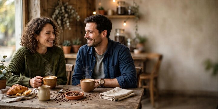 International Coffee Day Couple Sharing Coffee and Breakfast in Cozy Cafe