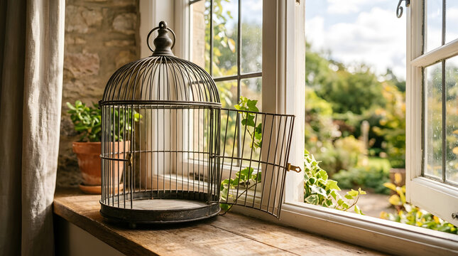 Empty vintage bird cage on a wooden windowsill with open window and lush garden view.