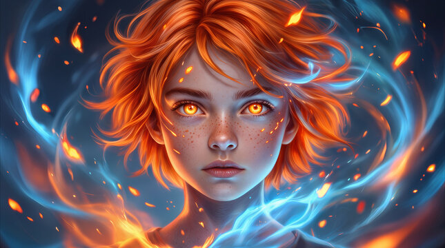 Redheaded girl with glowing orange eyes surrounded by swirling fire and blue energy. Fantasy portrait of young person with magical powers.