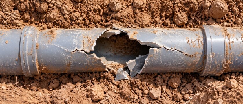 Wide panoramic view of a severely broken and shattered PVC sewer pipe buried in an excavated dirt trench. Underground plumbing emergency and infrastructure repair web banner concept