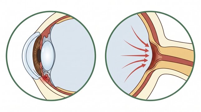 Glaucoma medical illustration showing intraocular pressure, human eye anatomy diagram, optic nerve damage and ocular fluid flow