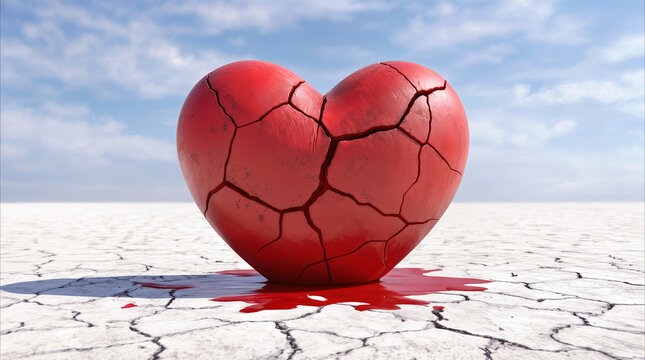 Broken heart bleeding on cracked desert ground. Emotional pain and relationship failure in barren landscape.