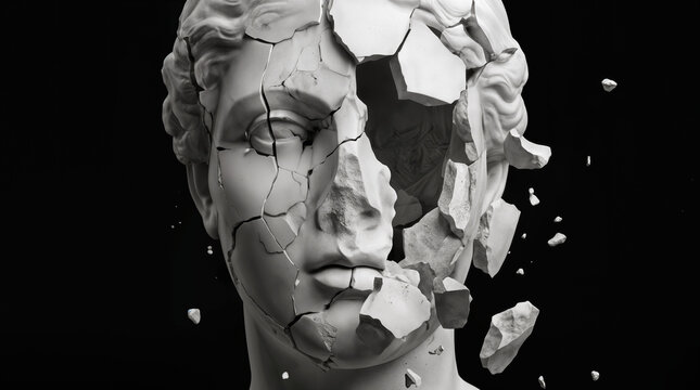 Marble bust disintegrating into fragments against a black background. Conceptual representation of fragility and mental health.