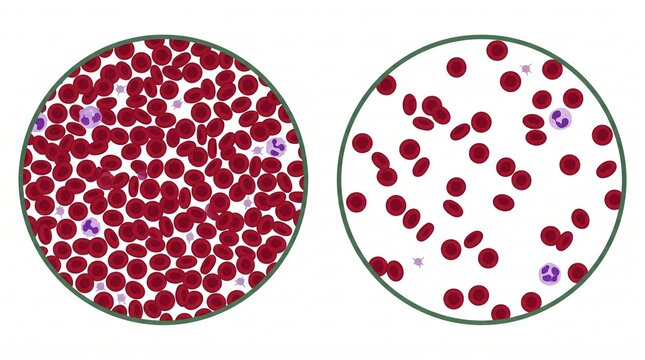 Microscopic blood smear comparison, human red blood cells and leukocytes, medical hematology analysis of anemia and healthy blood