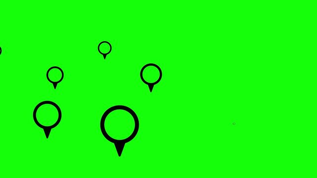 Abstract representation of multiple black map pin icons against a bright chroma key background, symbolizing digital mapping and global positioning concepts for modern interfaces