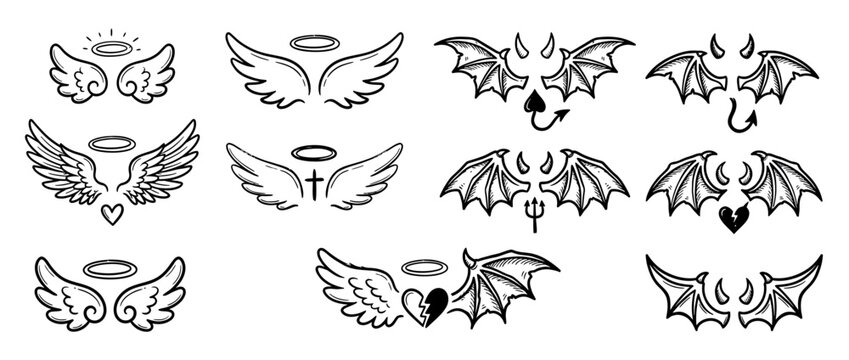 Collection of Hand-Drawn Angel and Devil Wings Icons