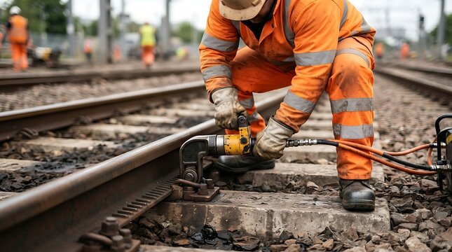 Railway worker in orange uniform using power tool on train tracks for infrastructure maintenance and repair, industrial construction scene