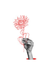 Fototapeta premium Vertical poster collage hand body fragment hold flower blossom celebrate holiday greeting surprise congratulation birthday drawing doodles