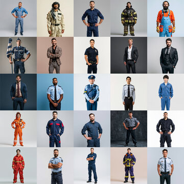Collage featuring diverse professionals in uniforms, representing essential occupations and public services in a clean studio setting.