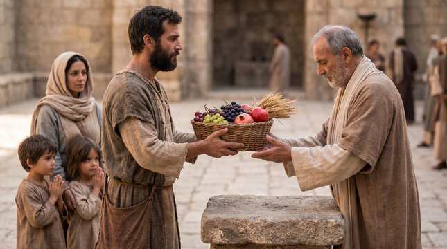 Biblical scene of firstfruits offering, joyful exchange, ancient marketplace background. Firstfruits offering, Deuteronomy 