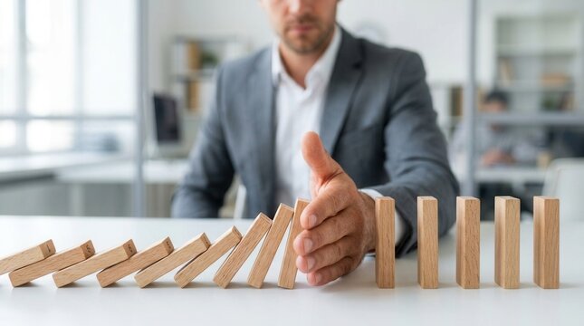 A human hand stopping falling wooden blocks as a symbol of prevention and risk control.