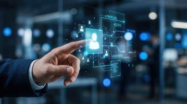 Selecting a virtual human avatar via a digital interface by a businessperson, representing AI and recruitment.