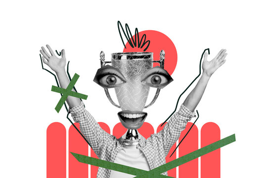 Composite trend artwork sketch photo collage of headless surreal space young man woman eyes face trophy win success victory hands up
