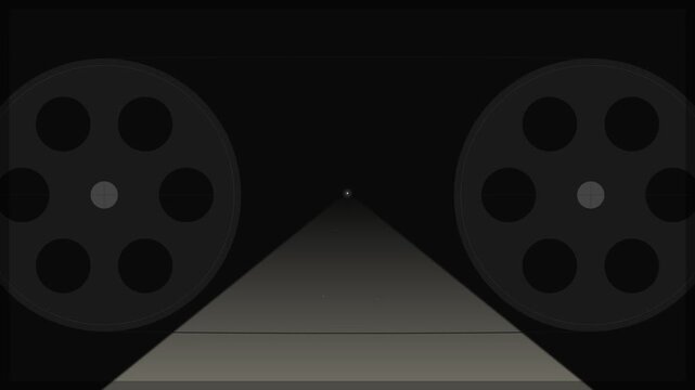 Minimalist animation of rotating film reels and projector beam