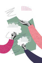 Obraz premium Vertical poster collage hands body fragments communication forum share opinion mind bubbles clouds discussion drawing doodles