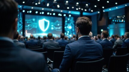 Fototapeta premium Business conference audience viewing a cybersecurity presentation featuring a glowing digital shield symbol.