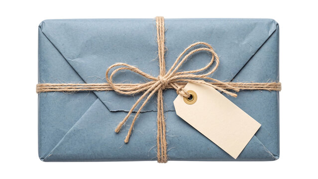blue wrapped gift with twine and tag isolated PNG, portrait present on transparent background