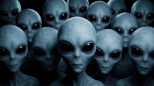 Dark environment with a group of alien faces and large black eyes depicting an extraterrestrial concept.