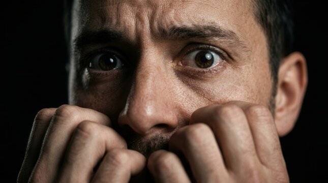 Anxious and worried man covering his mouth with hands in a dramatic closeup
