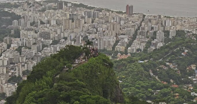 Rio de Janeiro Brazil Aerial v14 telephoto birds-eye orbit around Mirante Dona Marta lookout, revealing Laranjeiras, Flamengo and Botafogo - Shot with Mavic 3 Pro Cine - Mar 25th 2024