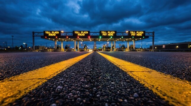 A symmetrical perspective of road markings leading toward an illuminated highway toll plaza at dusk.