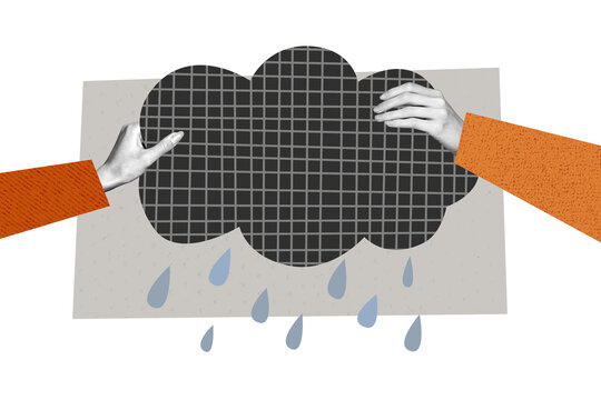 Composite trend artwork sketch photo collage of incognito two bodyless hand hold huge cloud  forecast autumn season rainy drops weather