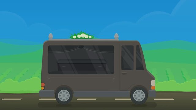 Animated hearse driving on road carrying a coffin, representing funeral services, bereavement, mourning, and final journey. (loopable)