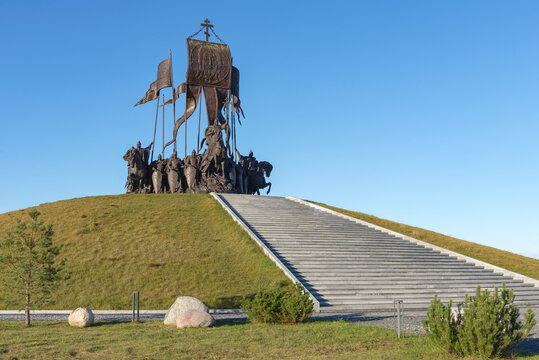 PSKOV REGION, RUSSIA - OCTOBER 19, 2024: Monument "Prince Alexander Nevsky with his squad" in honor of the victory in the Ice Battle, Pskov region