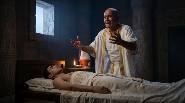 Medium shot from low angle looking up at Pharaoh standing beside the bed of his dead firstborn, crying out in anguish. The Death of the Firstborn, a plague of Egypt. A biblical scene.
