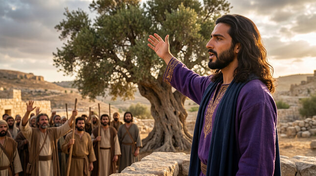 Absalom speaking passionately to a crowd in front of the terebinth tree of Mamre