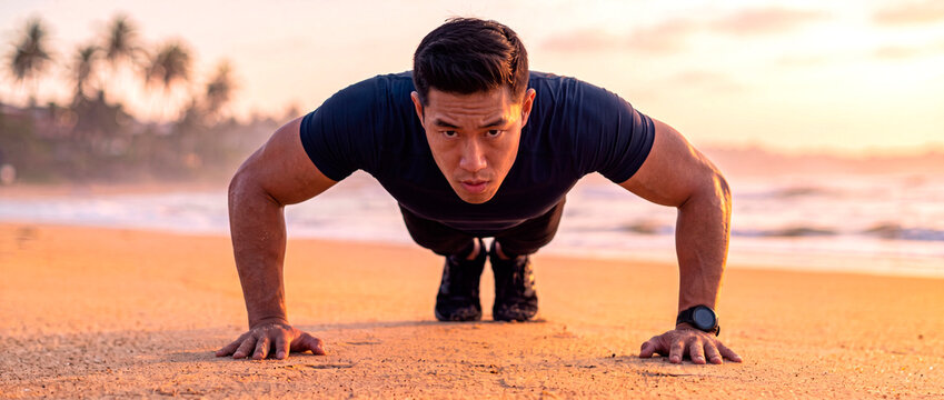 A man does push-ups on a beach. in the morning sun