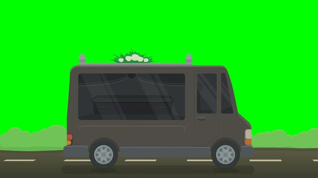 Animated hearse driving carrying a coffin, representing funeral services, bereavement, mourning, and final journey. Chroma key green screen with alpha channel. (loopable)