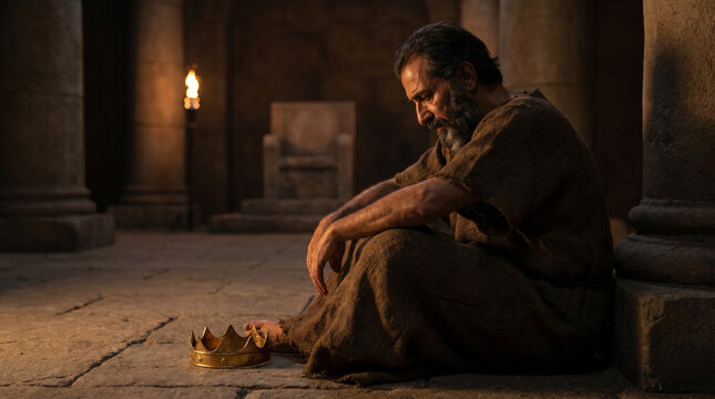 The king of Nineveh (Assyrian king) sitting on the stone floor in sackcloth and ashes, deeply remorseful, after hearing Jonah&rsquo;s message. Remorseful Assyrian king in sackcloth sitting on stone floor 