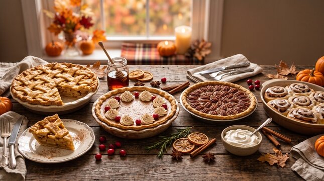 Assorted holiday desserts on rustic wooden table